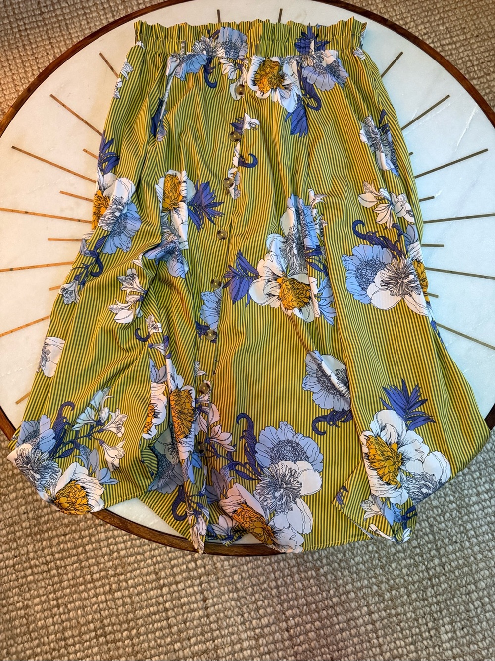 Mlle Gabrielle Yellow-Green Floral Maxi Skirt with Blue Accents